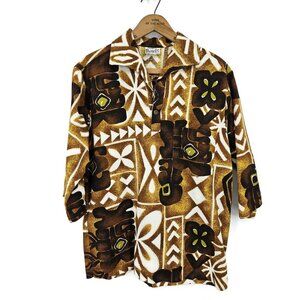 Vintage Evelyn Margolis Barkcloth Hawaiian Shirt Mens M/L? Brown Tiki